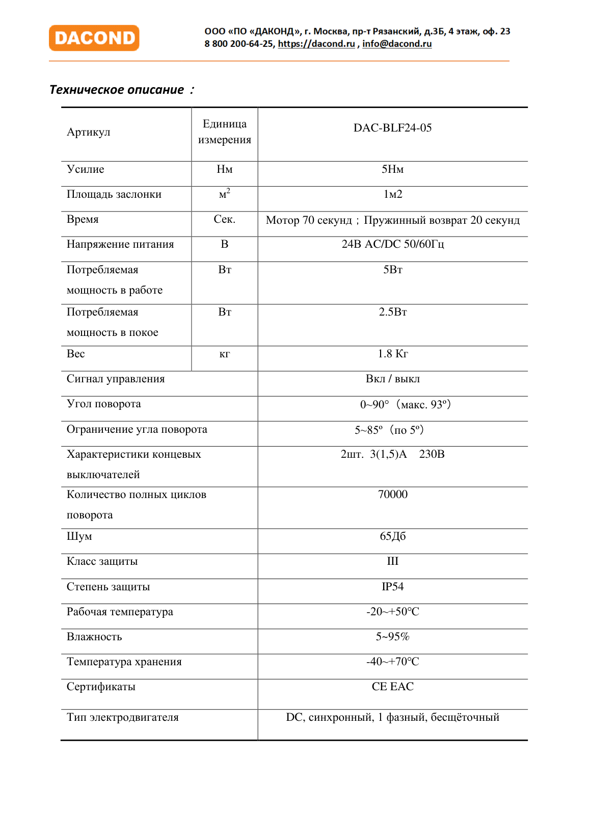Противопожарный привод воздушной заслонки DAC-BLF24-03
